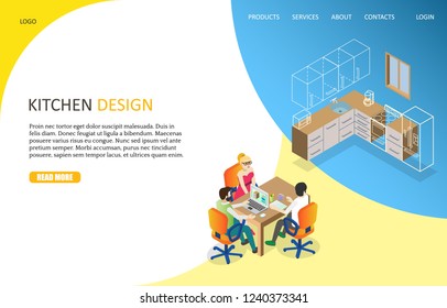 Kitchen design landing page website template. Vector isometric illustration of designer creating kitchen while placing furniture 3d models using desktop computer. Online interior design concept.