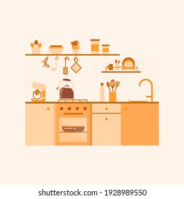 kitchen design in orange colors. interior with kitchenware, utensils near the stove, oven, kettle, bottle, sink, drying. above - shelves with dishes, books and a flower.