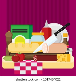 Kitchen design over color background, flat vector illustration