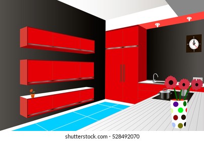Kitchen design red,kitchen icon,interiror room, symbol furniture, vector illustration