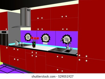 Kitchen design red,kitchen icon,interiror room, symbol furniture, vector illustration