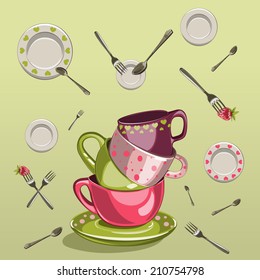kitchen design set with cups, saucers, forks and spoons