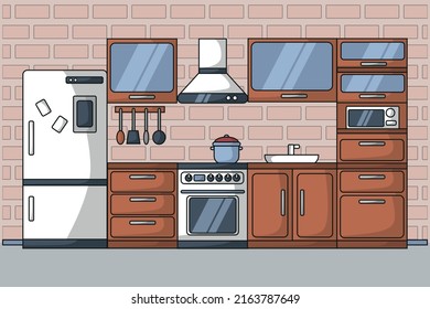 Kitchen design with various furniture, household appliances (refrigerator, gas stove, microwave) and kitchen utensils in a flat style.