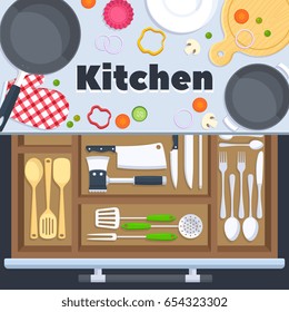 Kitchen design vector background with cooking restaurant equipment. Knife spoon and fork in kitchen drawer illustration