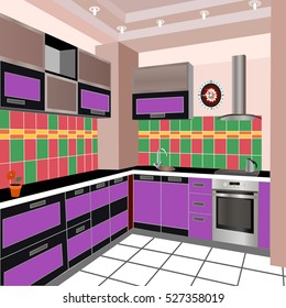 Kitchen design violet,kitchen icon,interiror room, symbol furniture, vector illustration