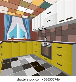 Kitchen design yellow,kitchen icon,interiror room, symbol furniture, vector illustration