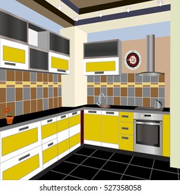 Kitchen design yellow,kitchen icon,interiror room, symbol furniture, vector illustration