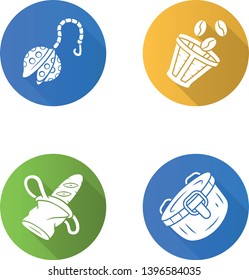 Kitchen devices flat long shadow glyph icons set. Reusable coffee filter, tea infuser. Zero waste canvas bread bag, metal food container. Vector silhouette illustration