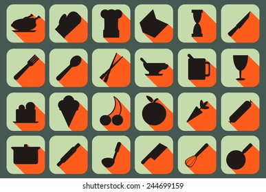 Kitchen devices and food in flat design. Vector illustration