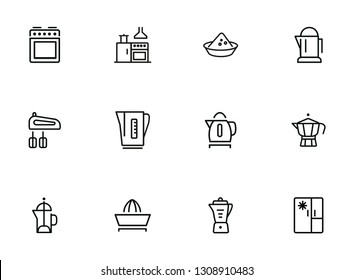 Kitchen devices line icon set. Set of line icons on white background. Kettle, tea pot, mixer. Cooking concept. Vector illustration can be used for topics like home, food, cooking