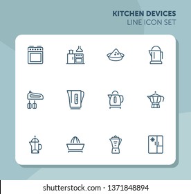 Kitchen devices line icon set. Set of line icons on white background. Kettle, tea pot, mixer. Cooking concept. Vector illustration can be used for topics like home, food, cooking