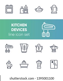 Kitchen devices line icon set. Set of line icons on white background. Kettle, tea pot, mixer. Cooking concept. Vector illustration can be used for topics like home, food, cooking