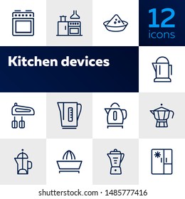 Kitchen devices line icon set. Set of line icons on white background. Kettle, tea pot, mixer. Cooking concept. Vector illustration can be used for topics like home, food, cooking