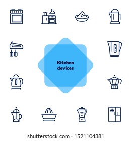 Kitchen devices line icon set. Set of line icons on white background. Kettle, tea pot, mixer. Cooking concept. Vector illustration can be used for topics like home, food, cooking