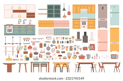 Kitchen dining elements set. Cute kitchen decor. Cooking furniture. Fridge and oven. Kitchenware shelves.