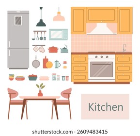Kitchen dining elements set. Cute kitchen decor. Cooking furniture. Fridge and oven. Kitchenware.