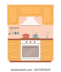 Kitchen dining elements set. Cute kitchen decor. Cooking furniture. Fridge and oven. Kitchenware.