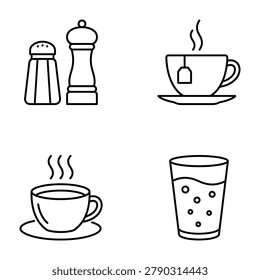 Kitchen and dining outline icon set featuring beverages and seasoning beverage seasoning caffeine