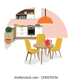 kitchen dining room  illustration. Interior design home scene.modern house, chair, table, oven, lamp, plant.coffee cup. Danish mid century.cute  and happy.