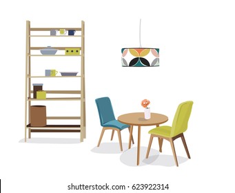 Kitchen Dining Room Interior Design Vector Mid Century Modern Illustration 1950 1960