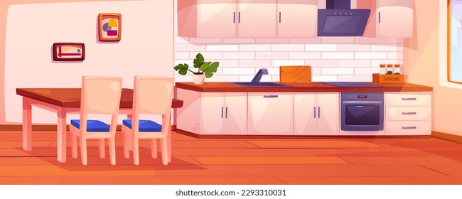 Kitchen and dining room interior with table, chairs, oven, hood, cooking counter, sink and cabinets. Empty house room with furniture for cooking and window, vector cartoon illustration