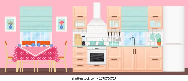 Kitchen dining room interior. Vector. Room with appliances, furniture table, stove, cupboard, blender, fridge and window in flat design. Cooking animated banner. Cartoon illustration.