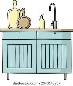Kitchen and dinner rooms interior illustration. Cooking graphic concept. Furniture, utensil, appliance icons