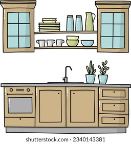 Ilustración interior de la cocina y de la cena. Concepto gráfico de cocina. Muebles, utensilios, iconos de electrodomésticos