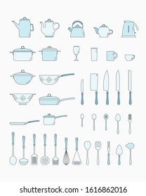 Kitchen dinnerware Icons set - Vector color symbols of knife, plate, spoon, fork, cup, kettle, saucepan, mug and ladle for the site or interface