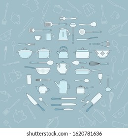 Kitchen dinnerware Icons set - Vector color symbols and outline of knife, plate, spoon, fork, cup, kettle, saucepan, mug and ladle for the site or interface