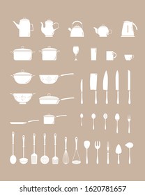 Kitchen dinnerware Icons set - Vector solid silhouettes of knife, plate, spoon, fork, cup, kettle, saucepan, mug and ladle for the site or interface