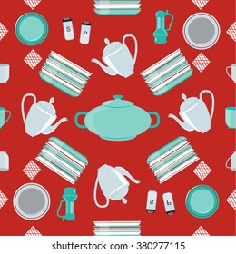 Kitchen Dishes and Cutlery Seamless Pattern. Vector illustration in flat style