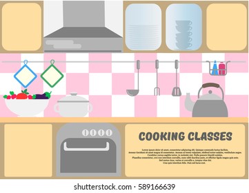 Kitchen, dishes, kitchen equipment, and vegetables in a vase. Cooking classes Poster. Vector illustration.