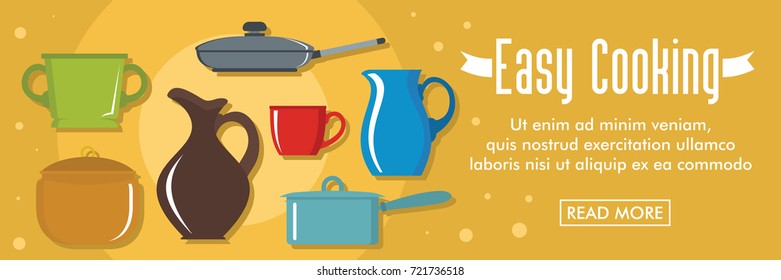 Kitchen dishes horizontal banner. Easy cooking vector illustration in flat style for web