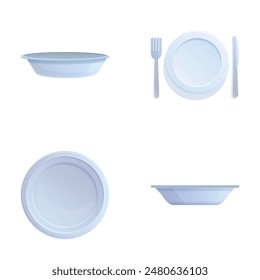 Kitchen dishes icons set cartoon vector. Washed ceramic shiny tableware dish. Kitchen porcelain dishware