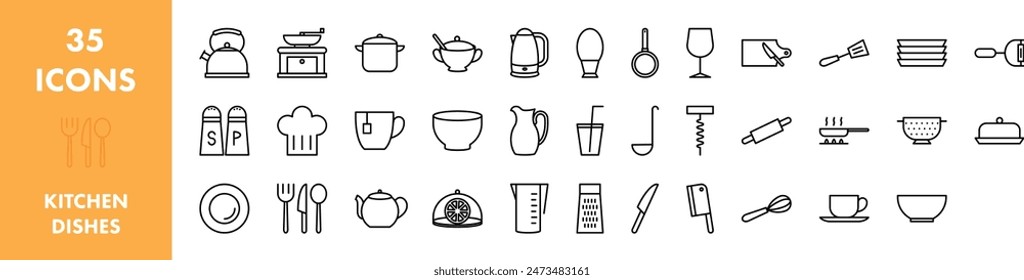 Küchengeschirr Icons Set. Zum Kochen verwendetes Objekte.