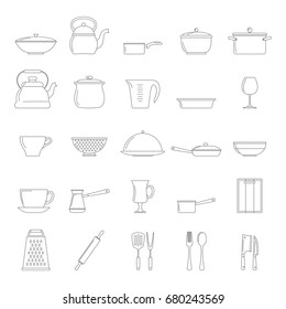 Kitchen dishes icons set in thin line style isolated on white background. Elements for dishes design