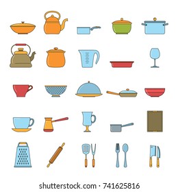 Kitchen dishes icons set in thin cartoon style isolated on white background. Elements for dishes design and web