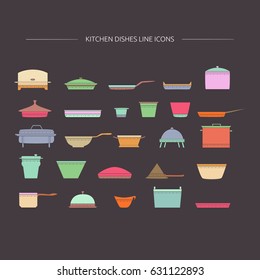 Kitchen dishes outline icons. Vector cooking elements collection.