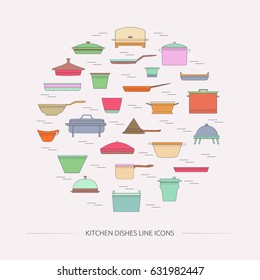 Kitchen dishes outline icons. Vector home appliances in the round design concept.