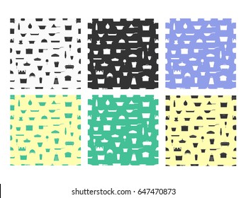 Kitchen dishes seamless pattern set. Vector colorful background.