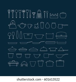 Kitchen dishes and utensils outline icons. Line kitchenware vector collection. 