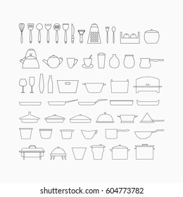 Kitchen dishes and utensils outline icons. Line kitchenware vector collection. 