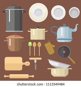 Kitchen dishes vector flat icons isolated household equipment everyday dishes furniture illustration.