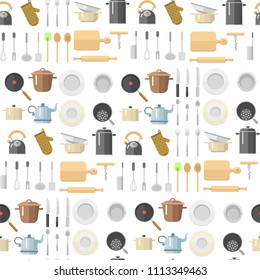 Kitchen dishes vector flat seamless pattern household equipment everyday dishes furniture illustration.