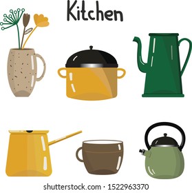 Kitchen dishes. Vector items. Cozy home.