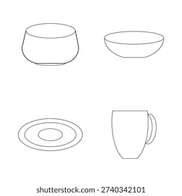 Kitchen dishware set. Bowls plate mug Vector. Contour line tableware. Simple cookware shapes. EPS 10.