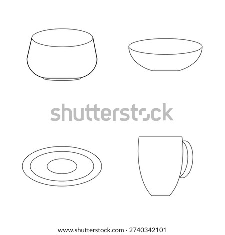 Kitchen dishware set. Bowls plate mug Vector. Contour line tableware. Simple cookware shapes. EPS 10.