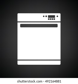 Kitchen dishwasher machine icon. Black background with white. Vector illustration.