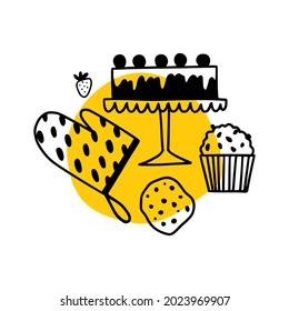 Küchendoodle Kunstposter. Kuchen, Keks, Ofenhandschuh in Skizze, Vektorgrafik für Bäcker. süßer Nachtisch auf gelbem Hintergrund.